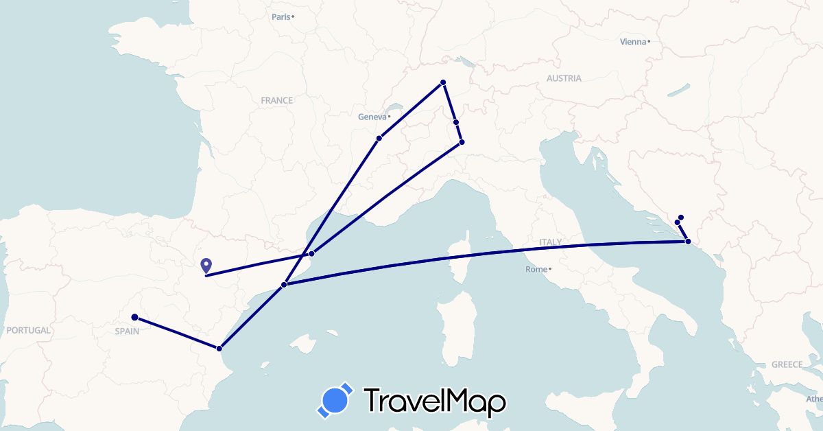TravelMap itinerary: driving in Bosnia and Herzegovina, Switzerland, Spain, France, Croatia, Italy (Europe)